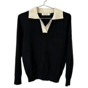 Black Contrast Collar Knit Sweater Top – Long Sleeve Preppy Style, Size M